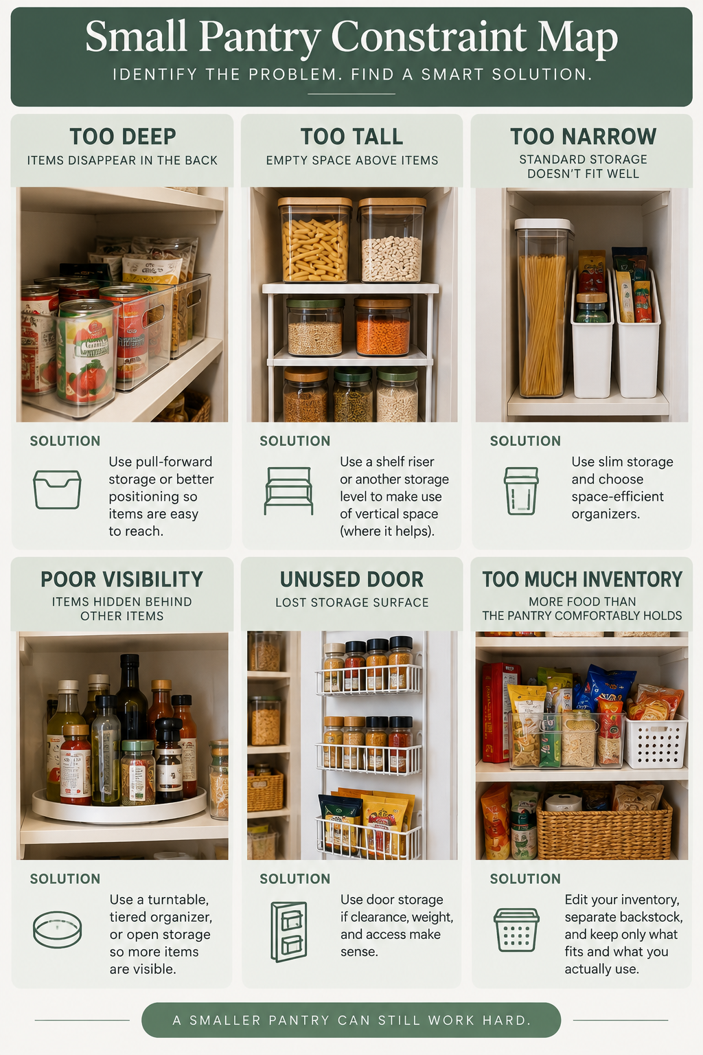 Small pantry constraint map showing solutions for deep shelves, unused vertical space, narrow storage, poor visibility, unused doors, and excess inventory