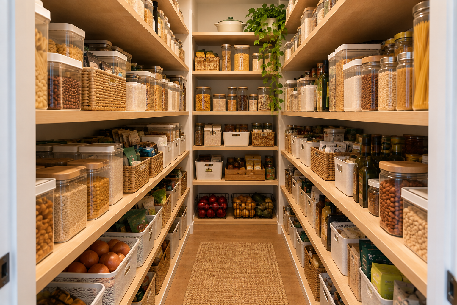 Small pantry with deep shelves organized for clear visibility and easy access