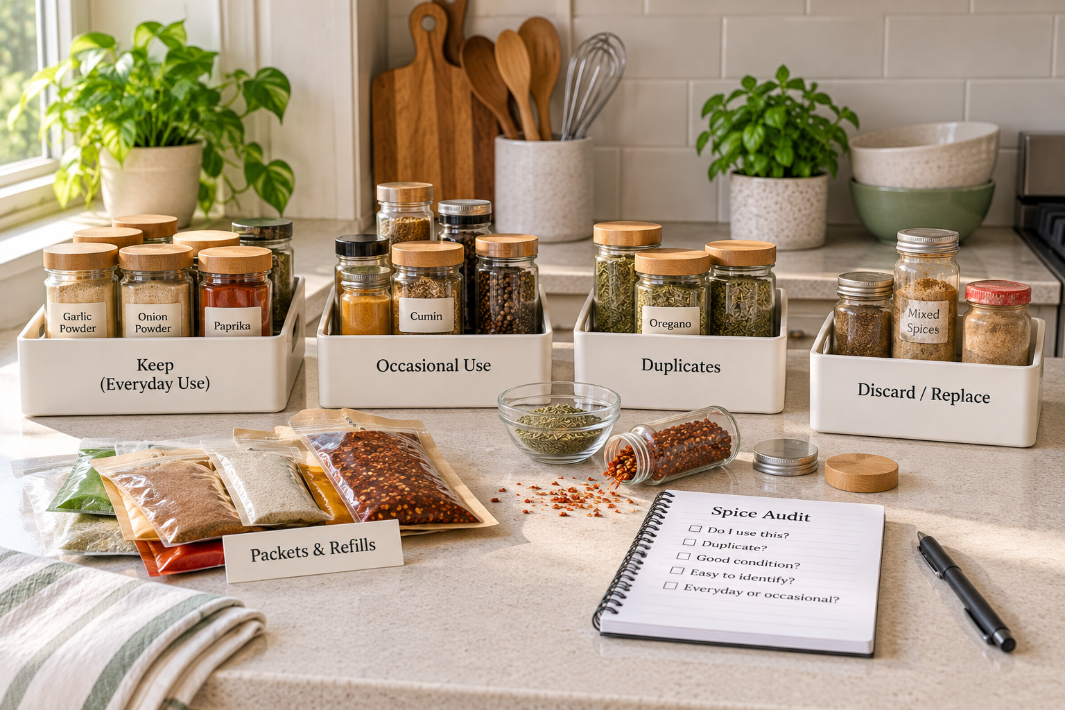 Spices sorted into everyday, occasional, duplicate, and discard groups during a kitchen organization audit