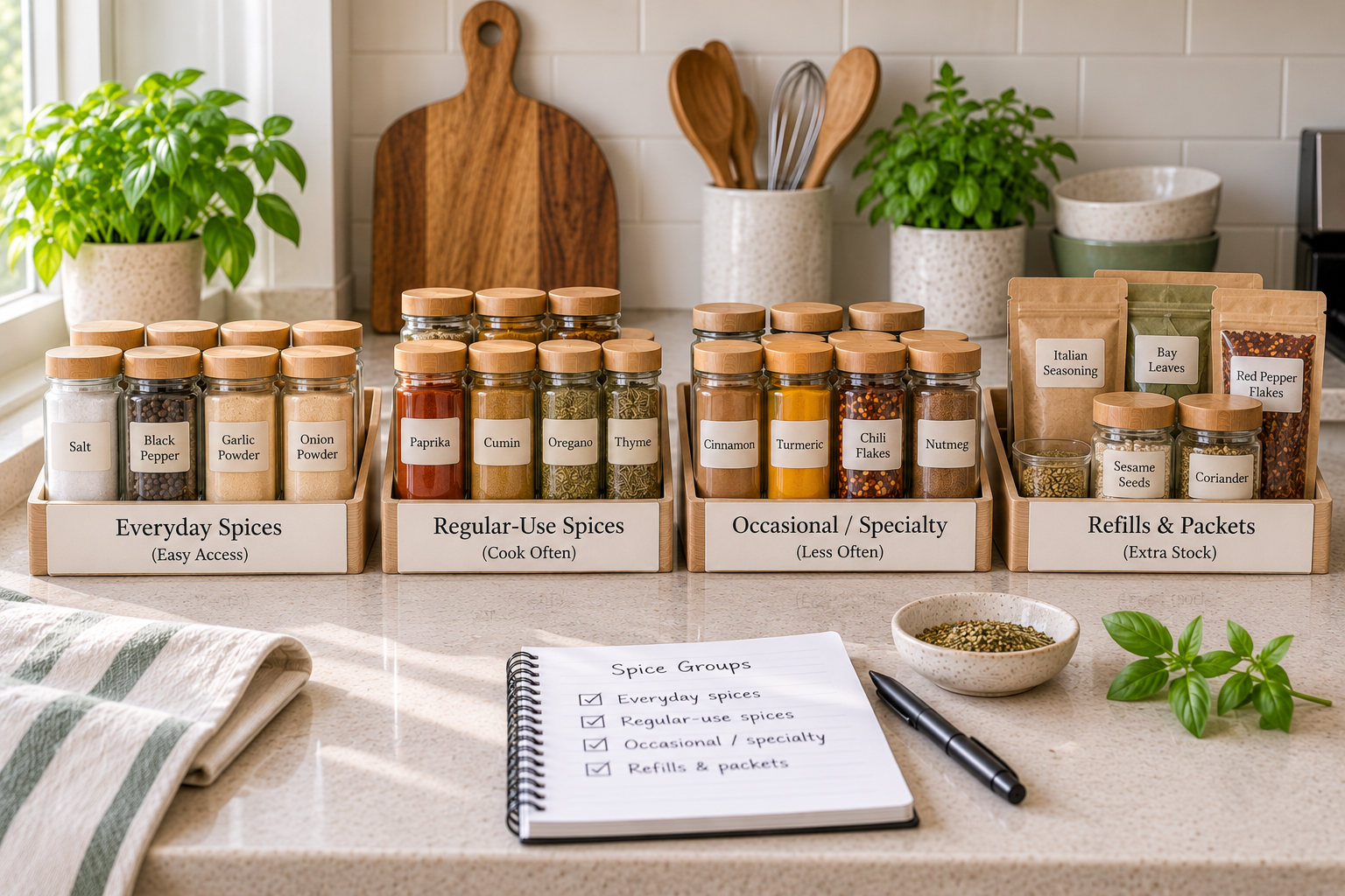 Spices grouped into everyday, regular-use, occasional, and refill zones in a small kitchen