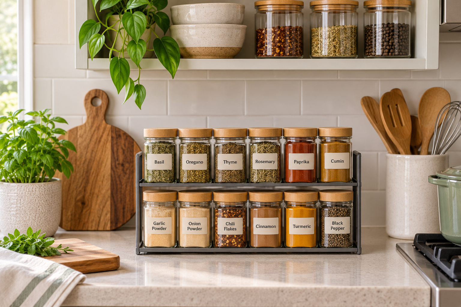 Organized spice jars stored in a small kitchen for easy access and visibility