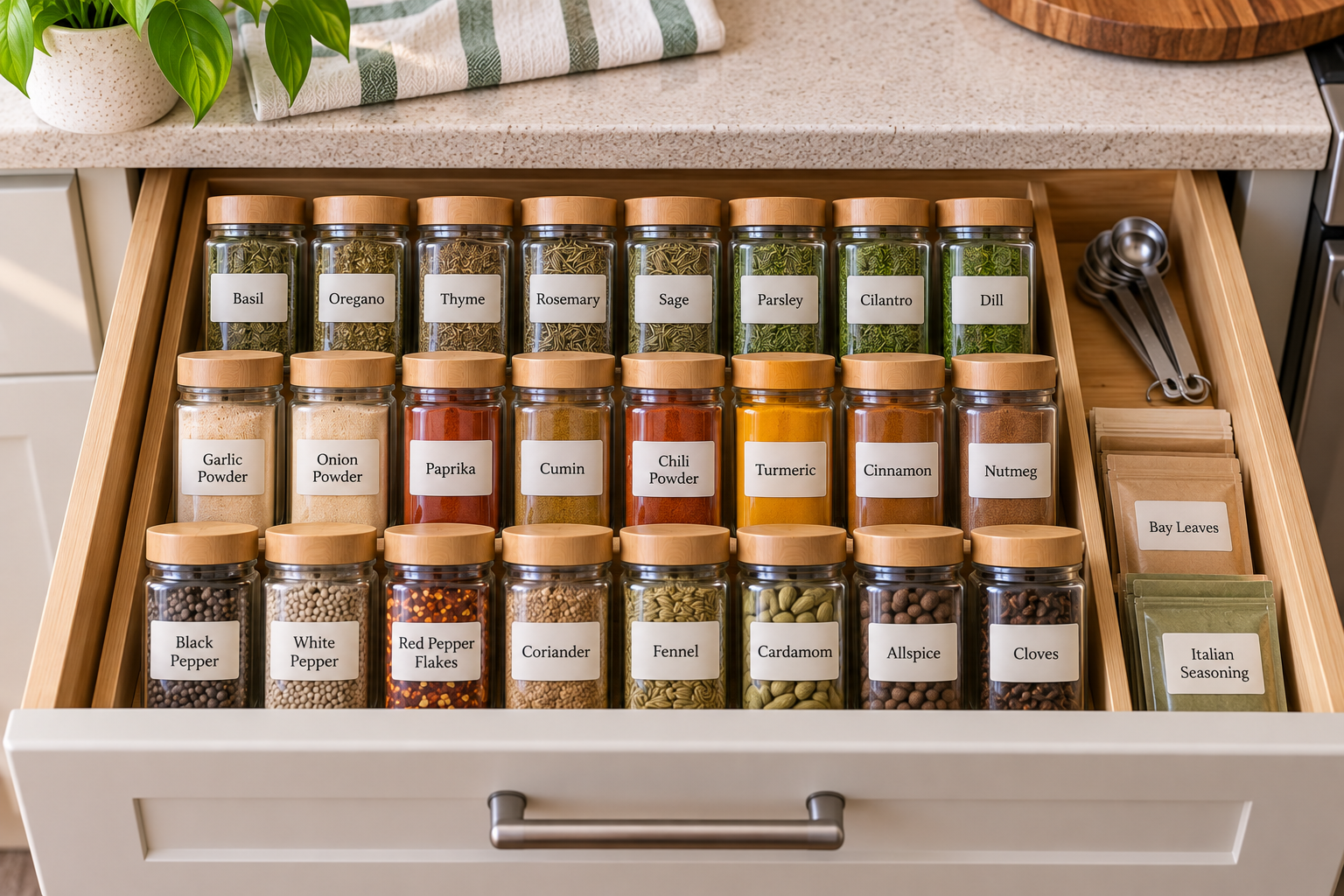 Organized spice drawer with clearly visible jars arranged for easy retrieval and return