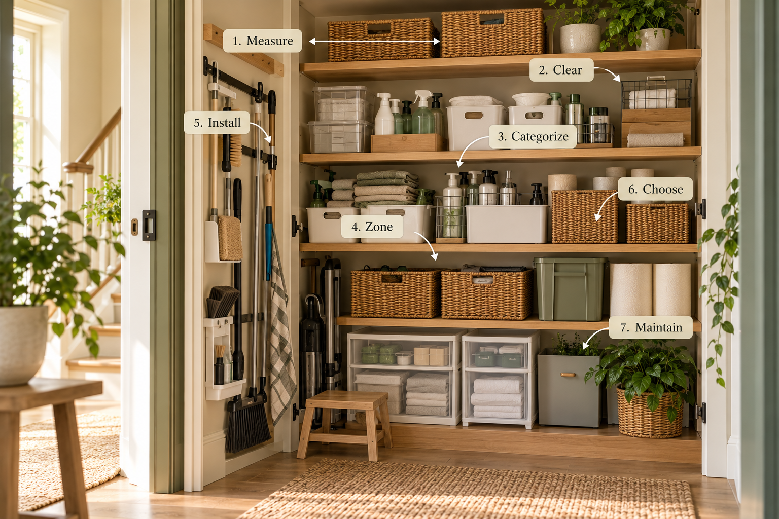 Home organization process showing measure, clear, categorize, zone, choose, install, and maintain