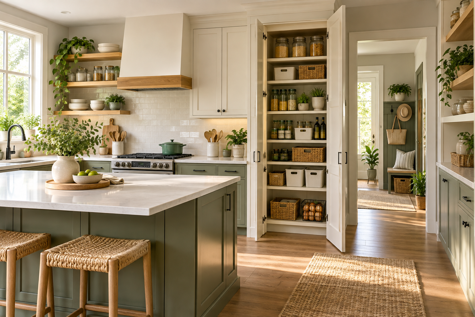 Organized kitchen storage with practical containers and clear work surfaces