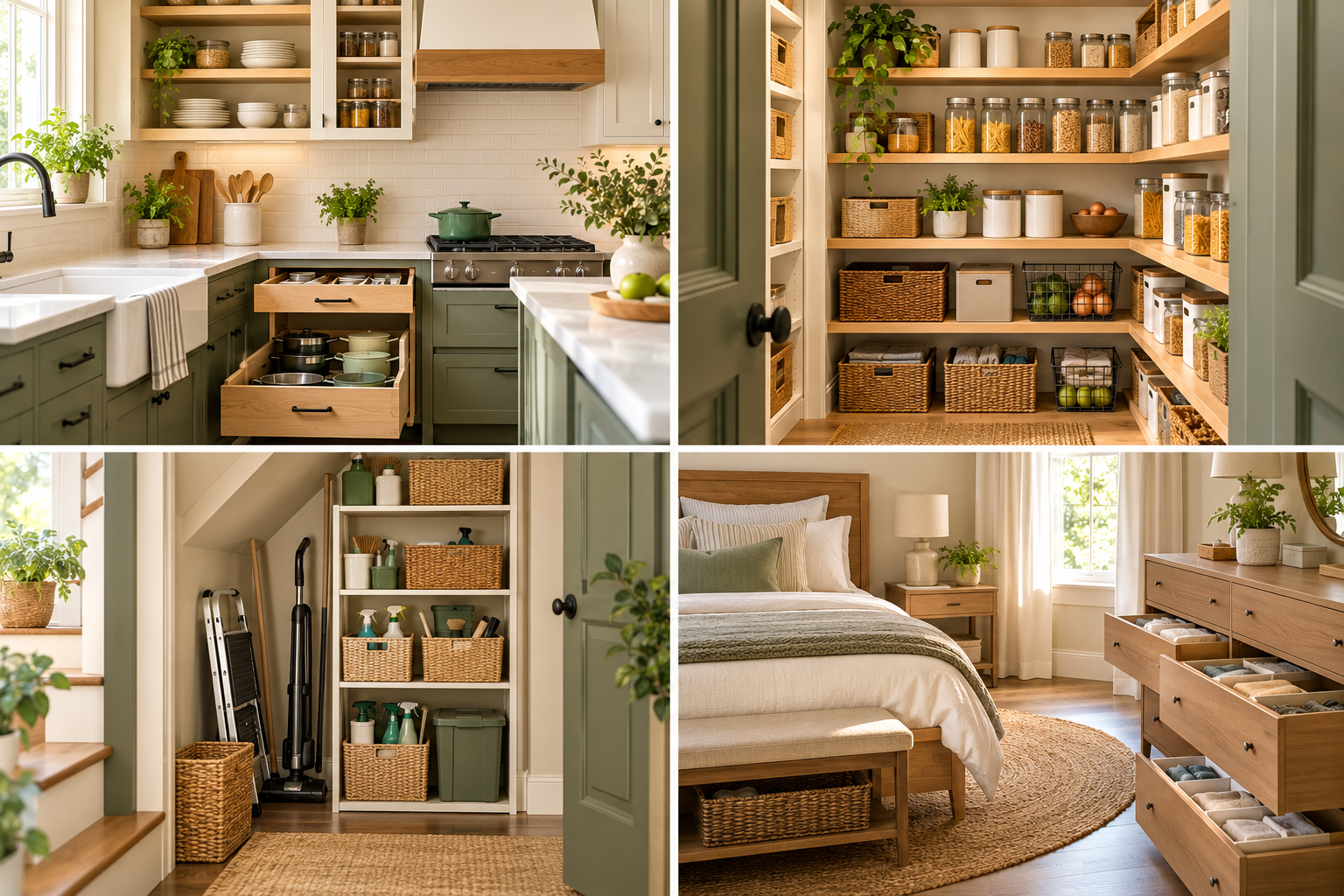 Different organized home storage areas showing practical organization by space