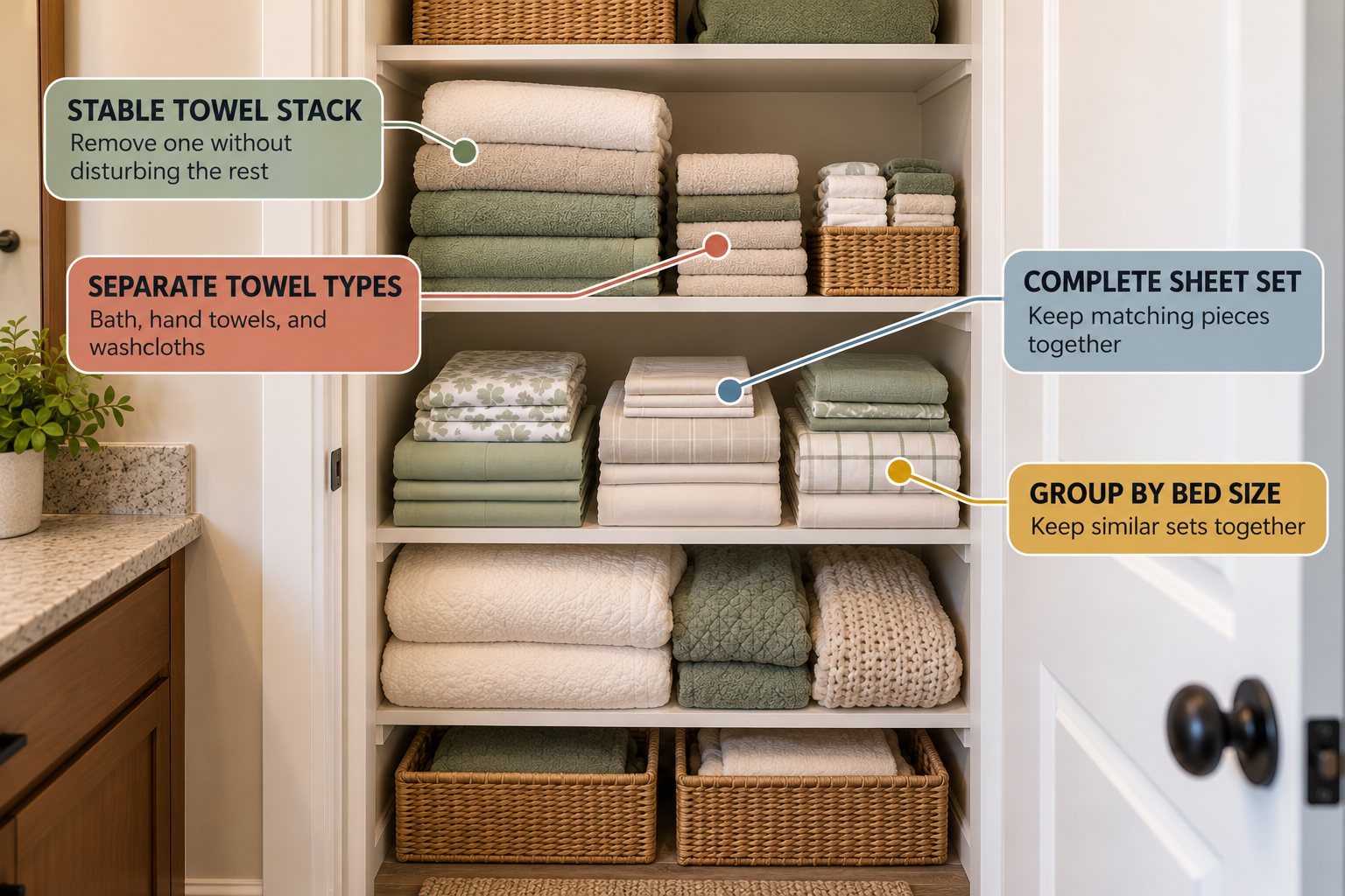 Small linen closet showing different folding and grouping systems for towels and complete sheet sets