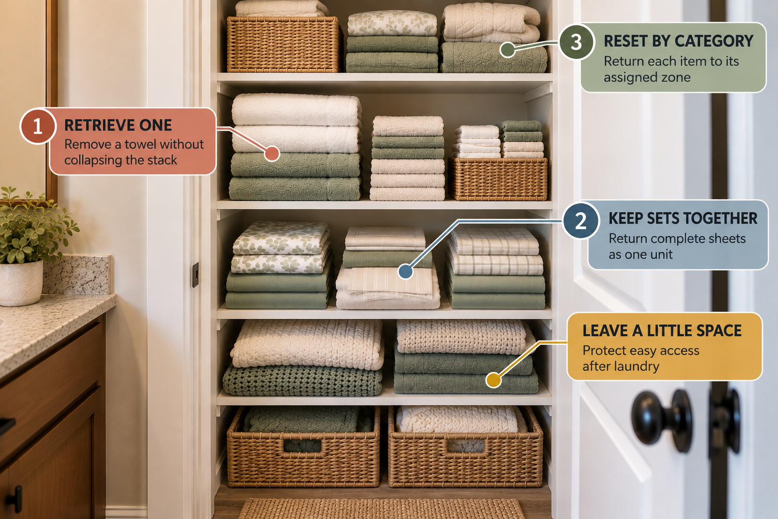 Small linen closet arranged for easy one-item towel retrieval and simple sheet-set reset after laundry