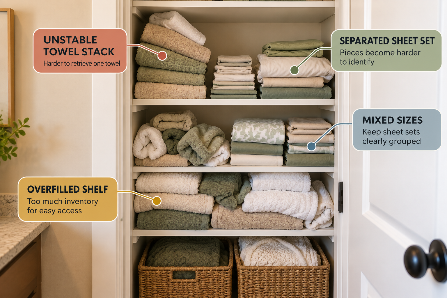 Small linen closet showing unstable towel stacks and separated sheet sets before organization