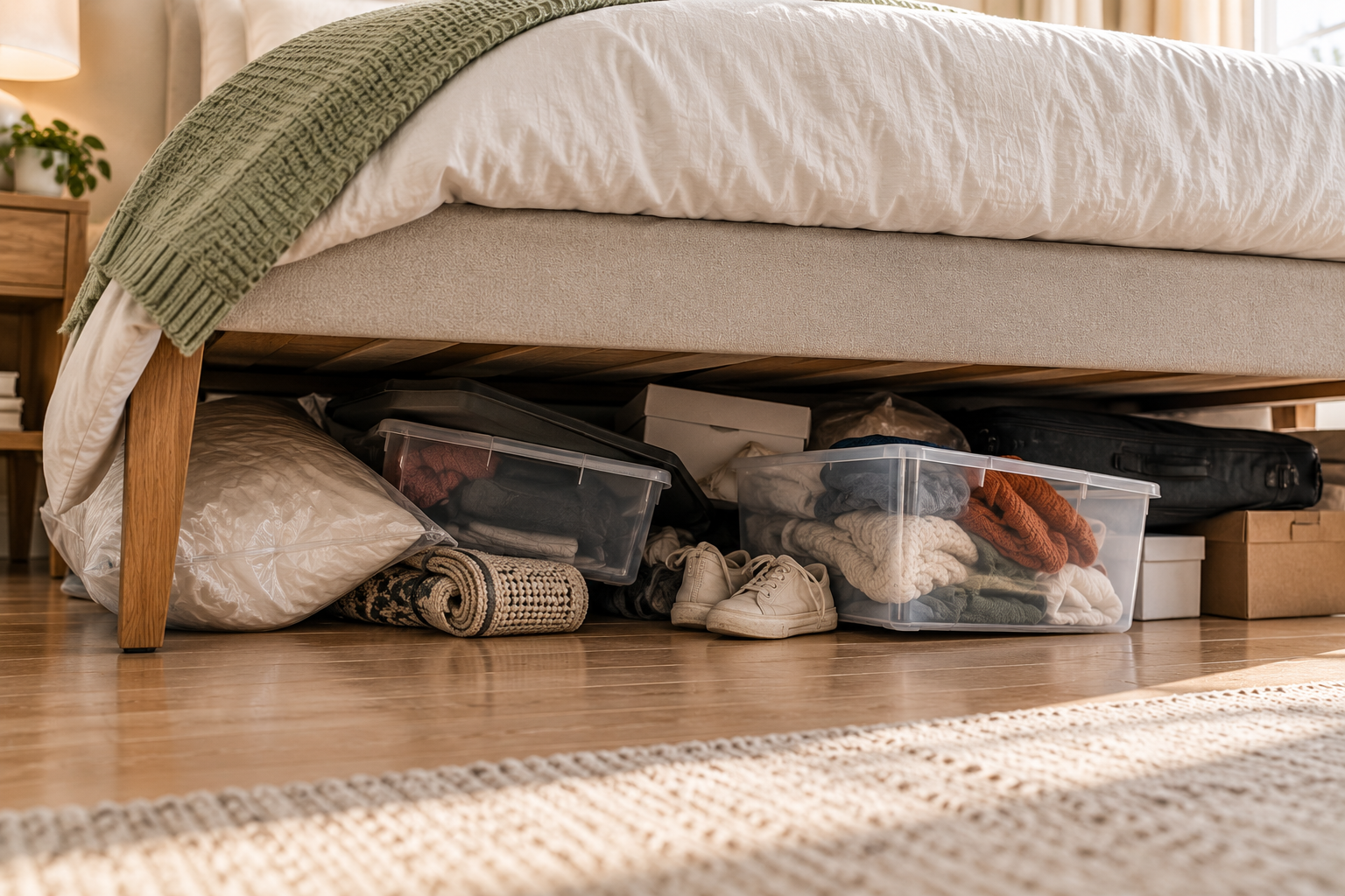 Crowded under-bed storage with mixed belongings and difficult access