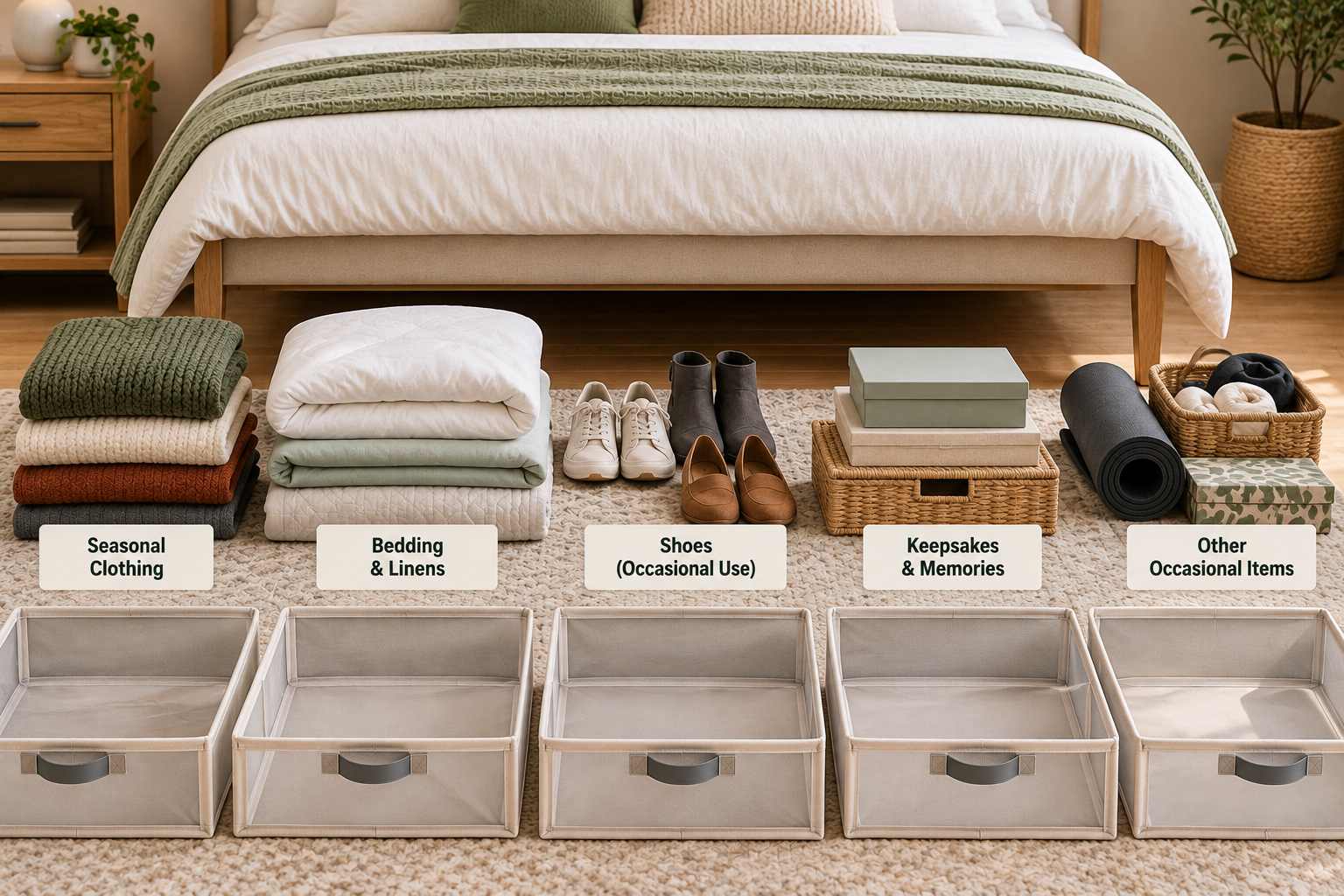 Under-bed storage categories showing seasonal clothing bedding shoes keepsakes and occasional-use items