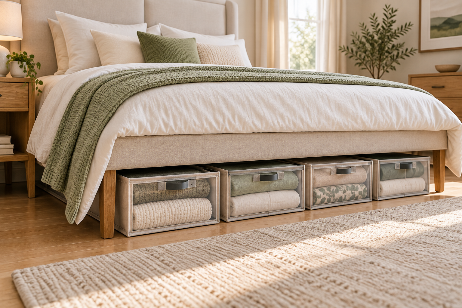 Organized under-bed storage system with clearly grouped containers and accessible categories
