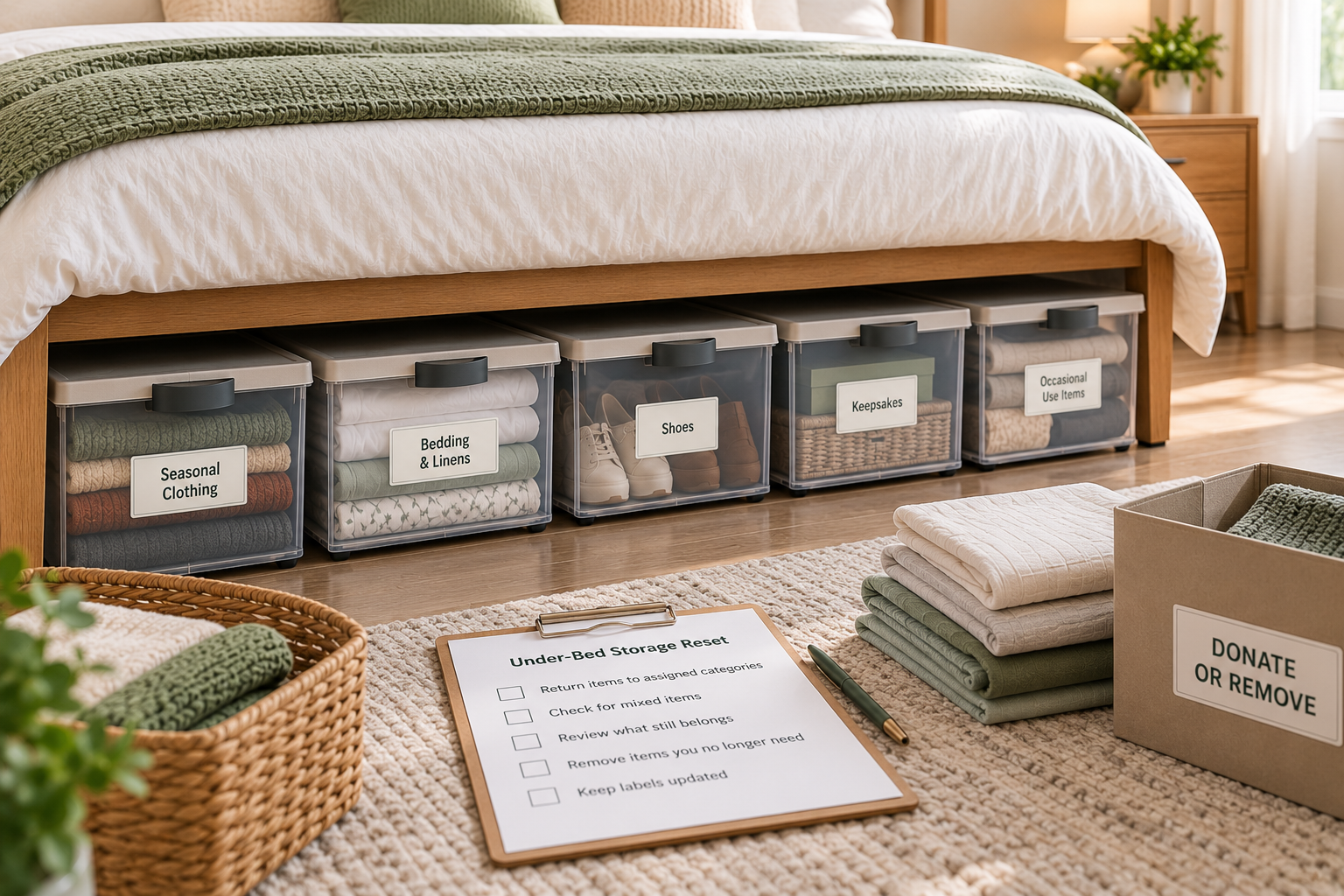 Under-bed storage reset routine showing return check review and removal steps