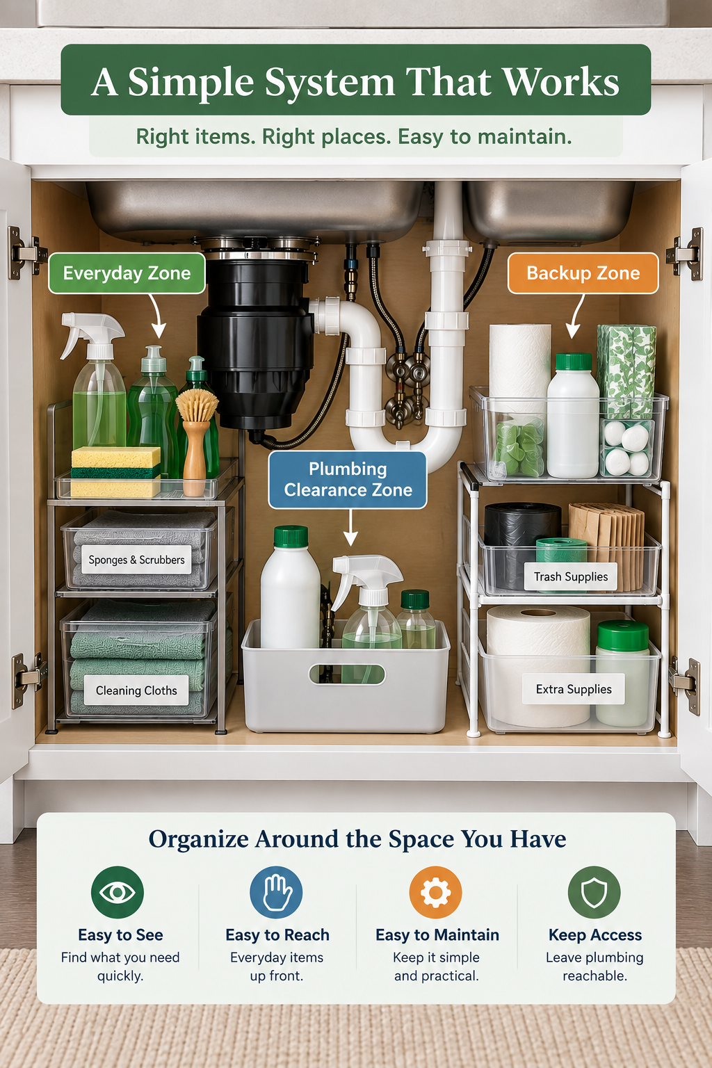Under kitchen sink organization system with zones arranged around plumbing