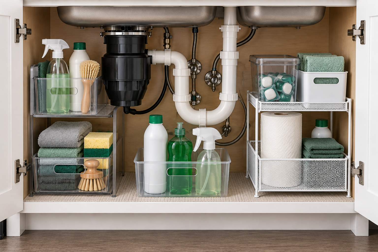 Under kitchen sink storage zones arranged around plumbing