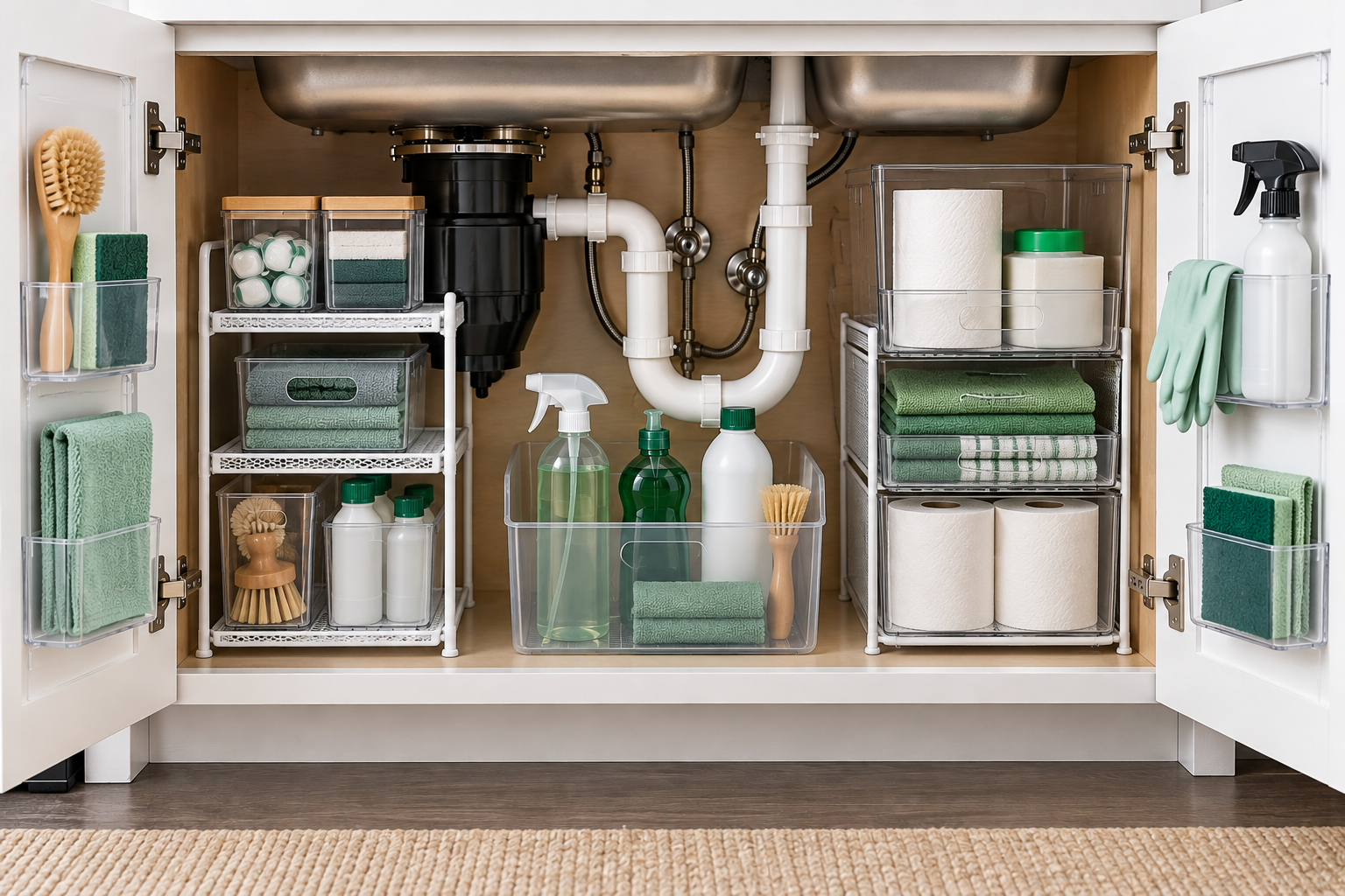Vertical shelves and door storage used to organize an under-sink cabinet