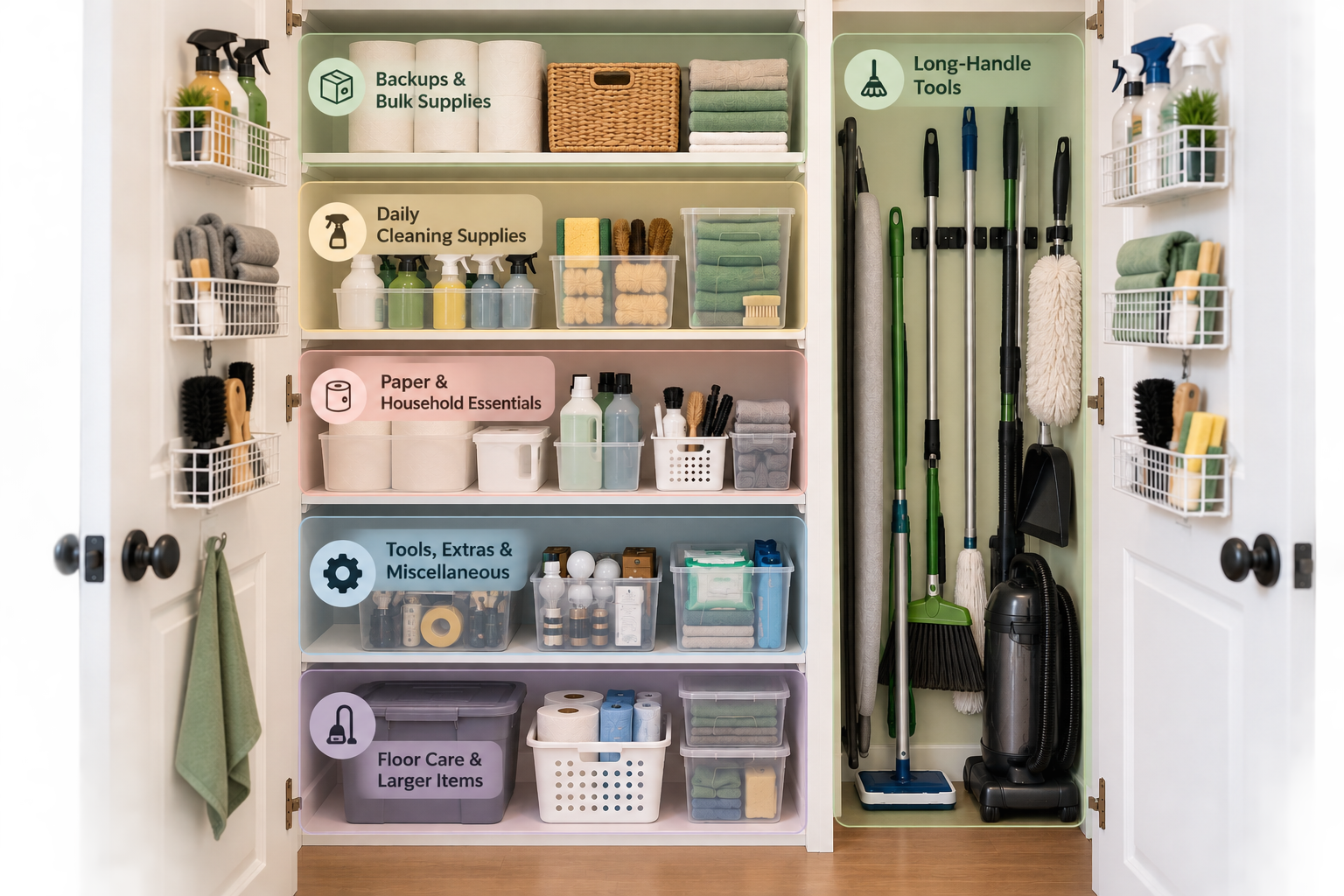 Utility closet organized into functional zones for daily cleaning, floor care, equipment, household supplies, and backups
