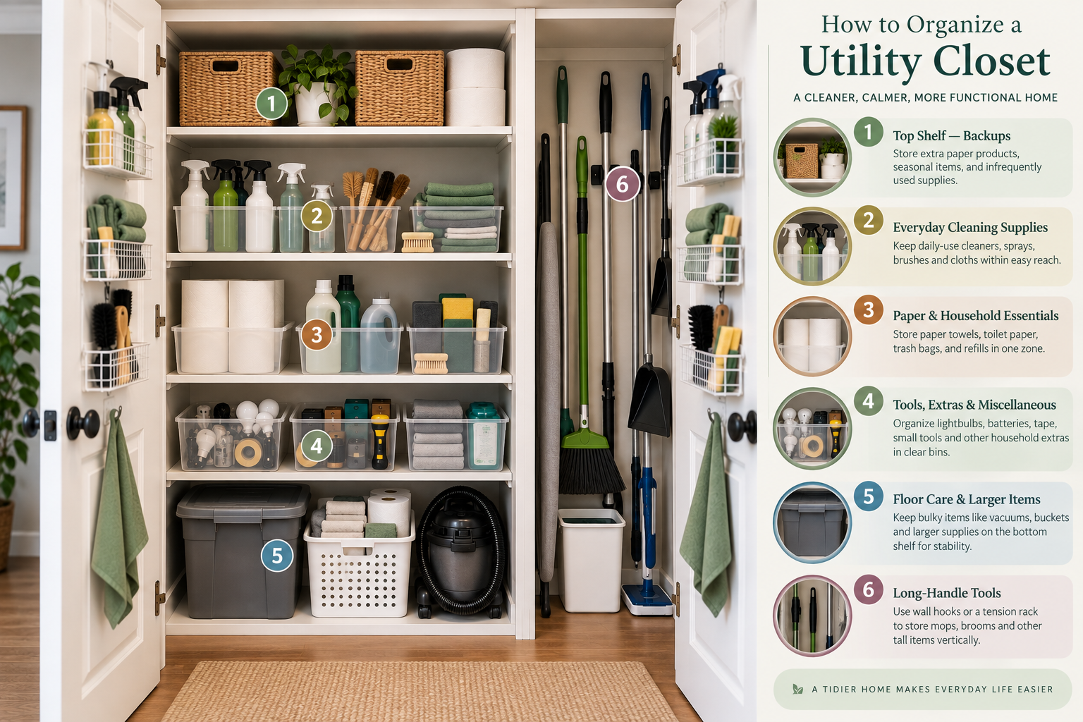 Utility closet maintenance system showing organized zones for backups, daily cleaning supplies, household essentials, tools, floor care, and long-handled equipment