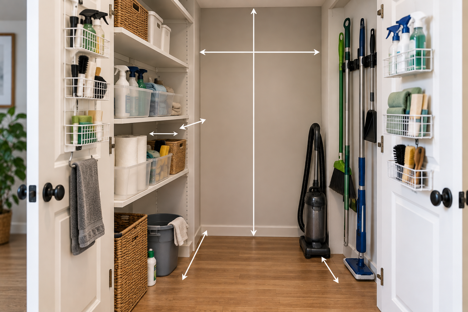 Utility closet showing usable height, width, depth, shelf spacing, door storage, and floor space to measure before organizing