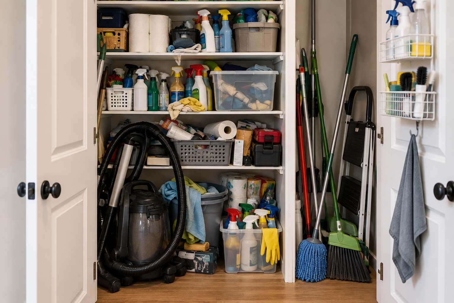 Cluttered utility closet with mixed cleaning supplies, household items, bulky equipment, and crowded shelves making items difficult to access