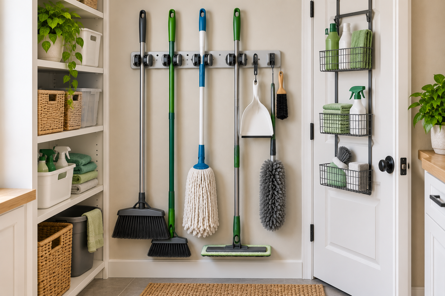 Brooms, mops, dusters, and a dustpan secured in a vertical wall-mounted cleaning tool storage system